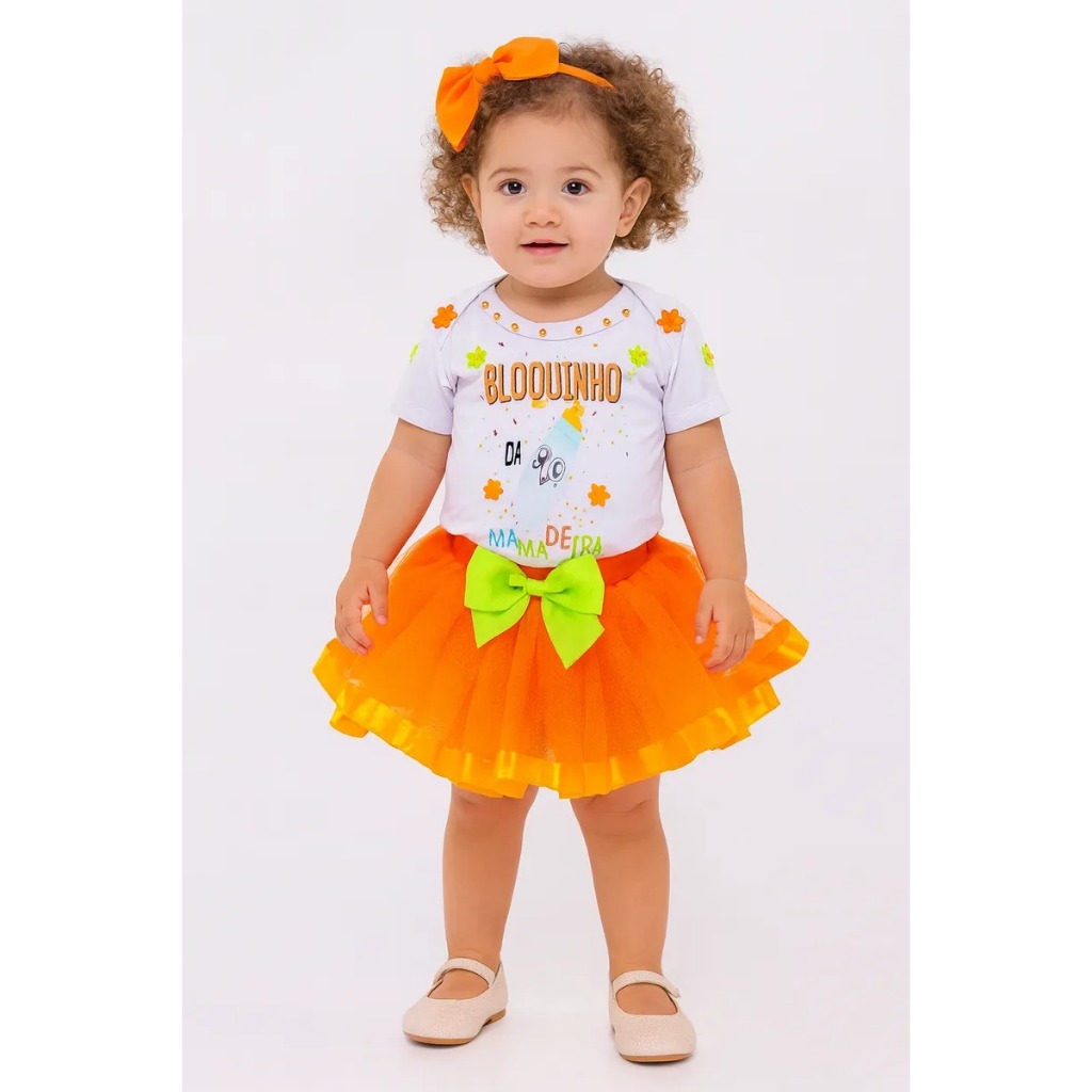 Roupa De Carnaval Bebê Menina Body Temático Bloquinho Da Mamadeira, Saia Tutu e Laço Conjunto Festa Infantil