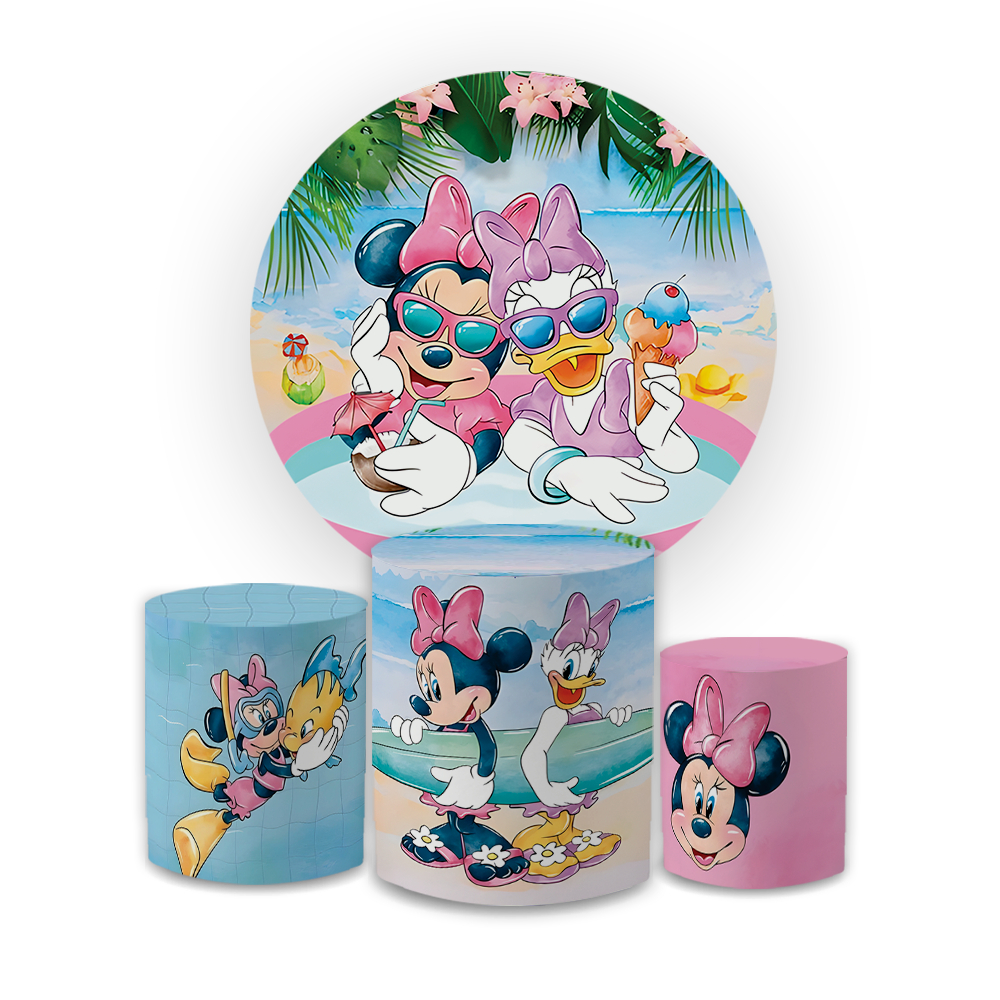 Kit Capa Painel + Trio Cilindros Decoração Completa Tema: Pool Party Mnnie Mouse Margrida Sublimado Bibi