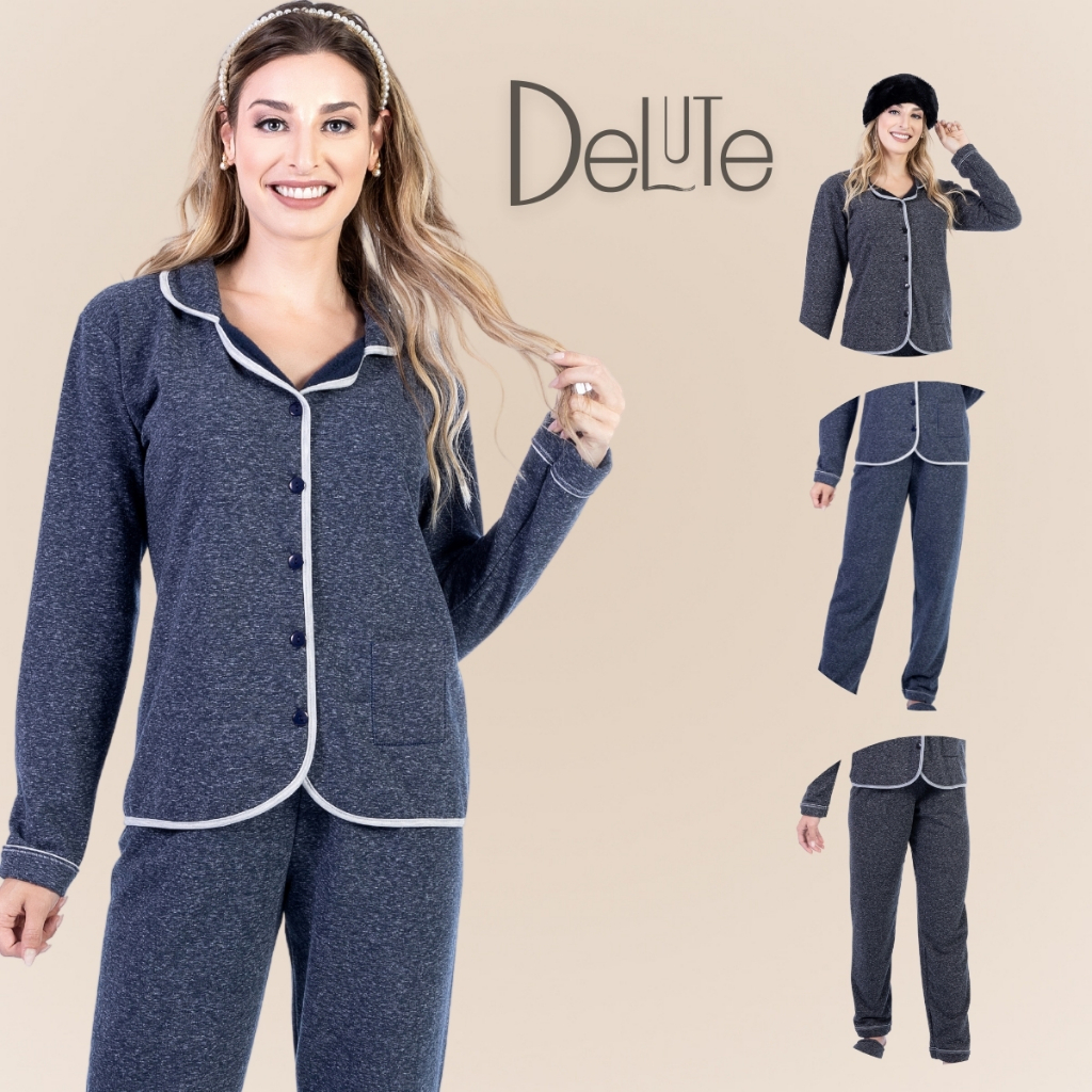 Conjunto de Pijama Adulto Basico Feminino Moletinho Aberto Com Camisa Manga Longa Com Bolsinho