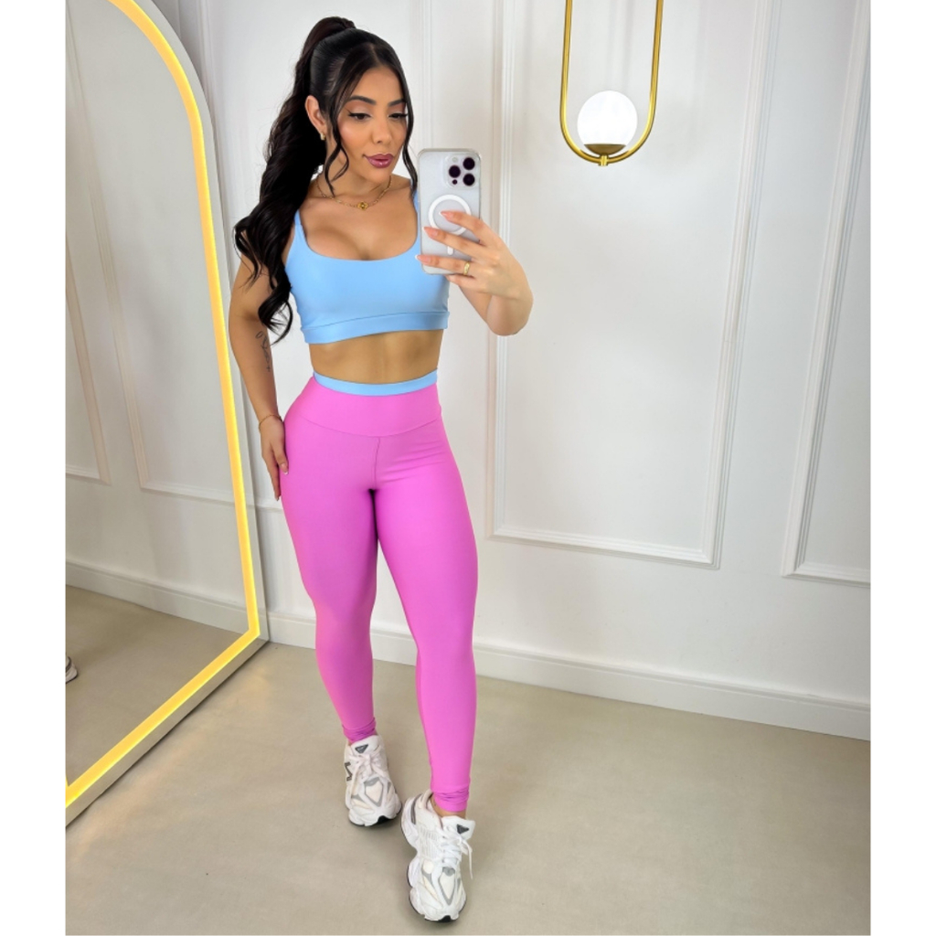 Conjunto Fitness Calça Legging e Top com Bojo Feminino Bicolor Academia Costura Reforçada Cós Alto em Oferta na Shopee