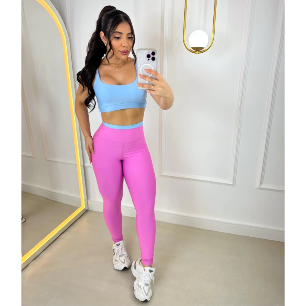 Conjunto Fitness Calça Legging e Top com Bojo Feminino Bicolor Academia Costura Reforçada Cós Alto — imagem 1