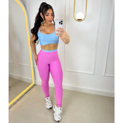 Conjunto Fitness Calça Legging e Top com Bojo Feminino Bicolor Academia Costura Reforçada Cós Alto