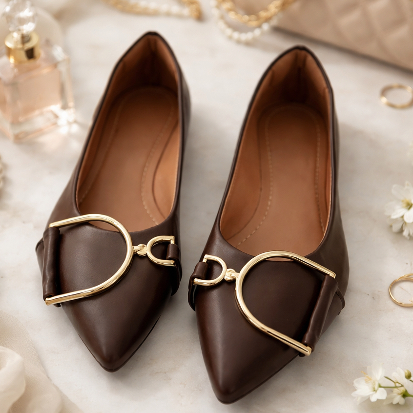 Sapatilha Feminina Bico Fino com Fivela Dourada Luxo Elegância e Conforto para o Dia a Dia
