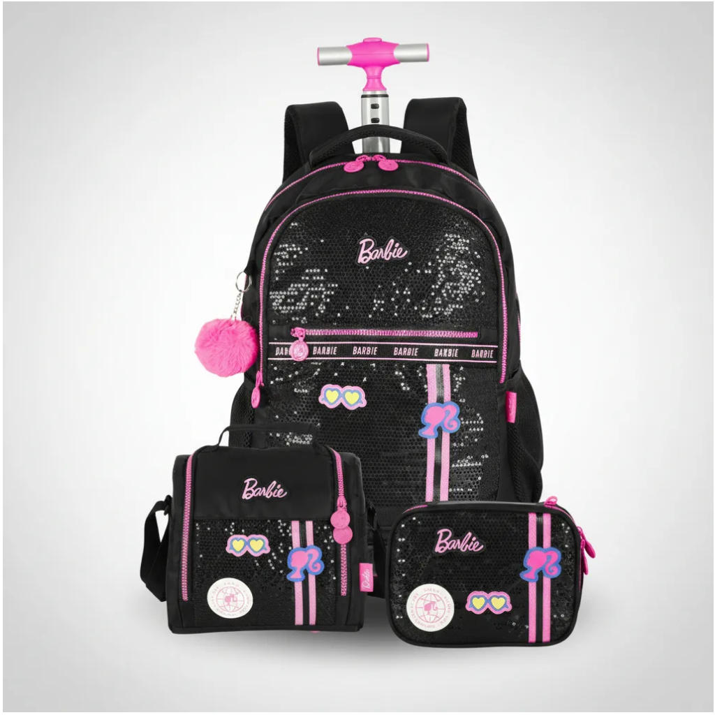 Kit Escolar Mala Barbie Lancheira E Estojo BOX Em Detalhes Paetê Preto Liso MC49932 LA49933 ET49934
