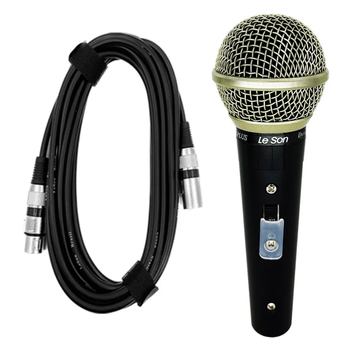 Microfone Profissional Leson Sm58 Plus Preto Corpo Metálico Cabo Cannon Xlr Cor Preto