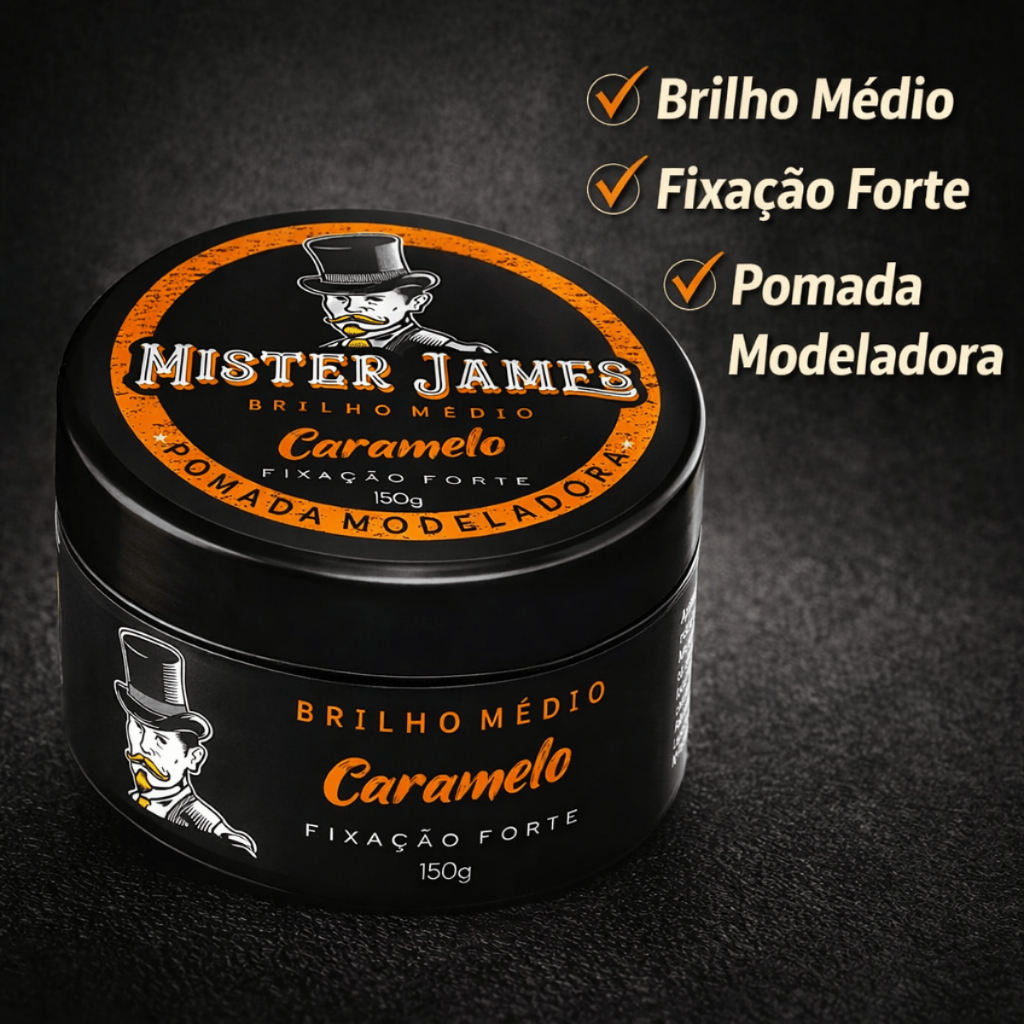 Pomada Masculina Caramelo Mister James 90g Brilho Médio Fixação Forte Modeladora