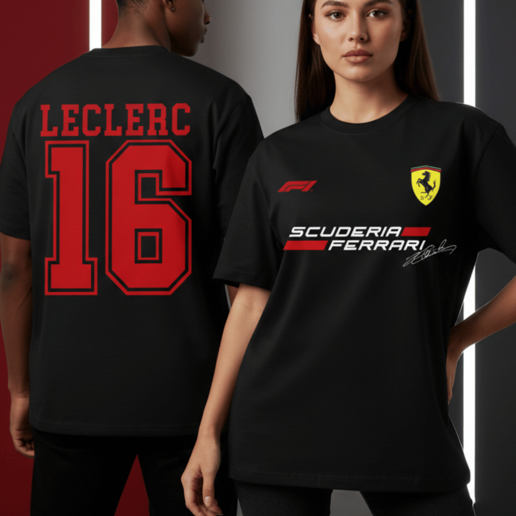 Camiseta Oversized Charles Leclerc Formula 1 2026  Piloto Ferrari Scuderia Ferrari Em Algodão 100% Estampa Premium