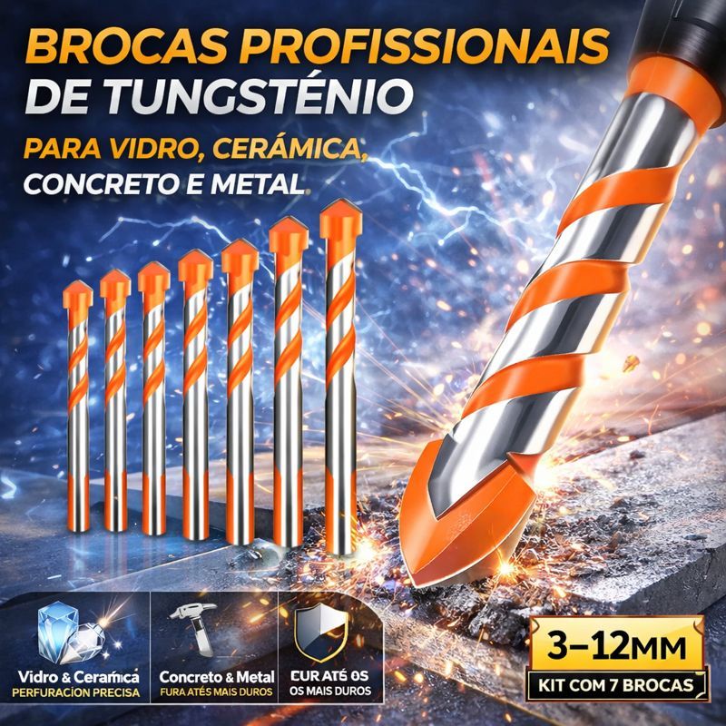 Kit com 7 Brocas Profissionais de Tungstênio 3–12mm para Vidro, Cerâmica, Concreto e Metal
