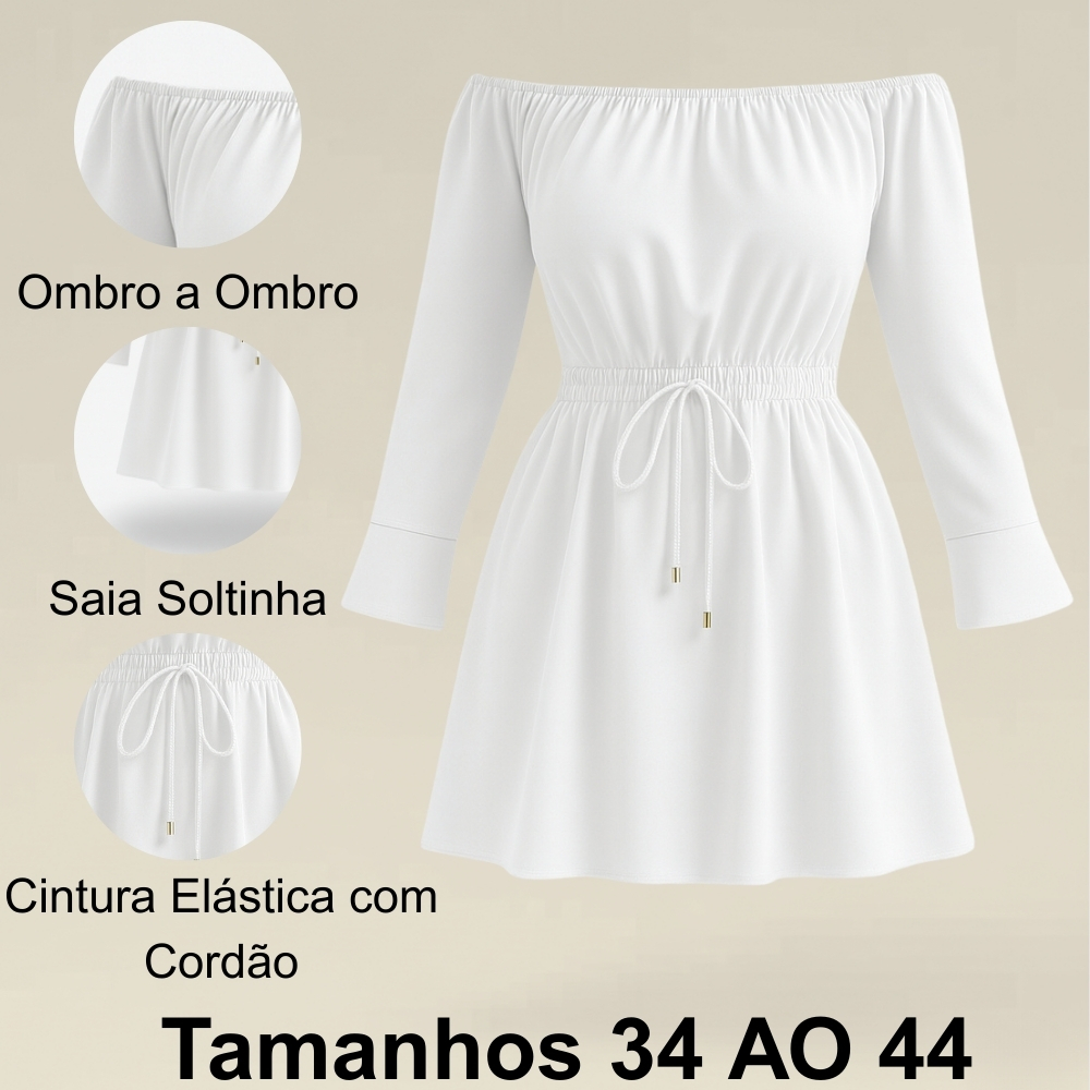 Vestido Ciganinha Ombro a Ombro Leve Soltinho com Manga Longa e Detalhes Franzidos Verão