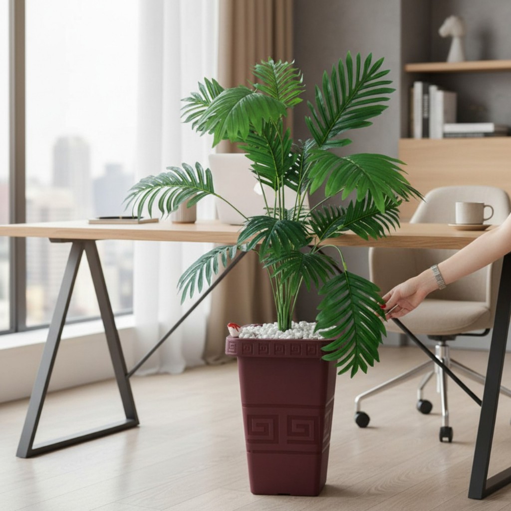 Planta Artificial Arranjo Palmeira 18 Folhas Toque Real + Vaso Grande Decorativo Completo