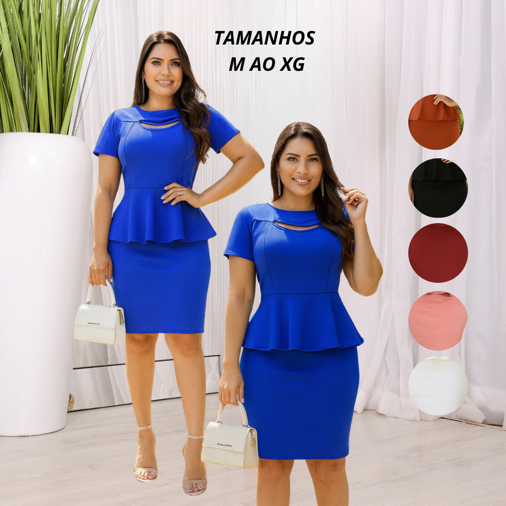 Vestido Midi Peplum Secretaria Manga Curta Gola Respiro Crepe de Malha Moda Evangélica Casual Pluz em Oferta na Shopee