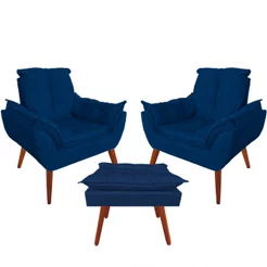 Kit Decorativo 2 Poltronas Opala + 01 Puff Apoio Para Pés Suede Várias Cores Sala Quarto