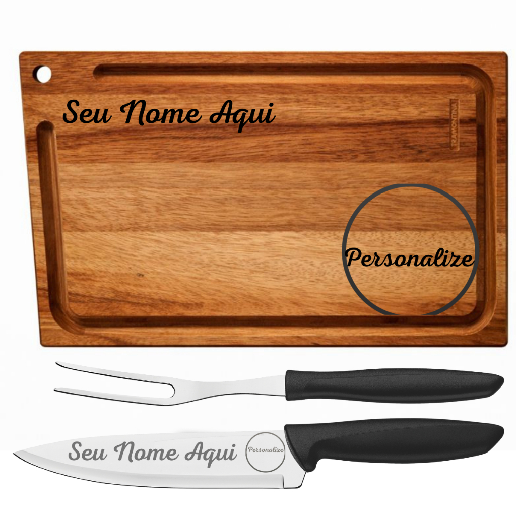 Kit Churrasco Tramontina Personalizado Nome Time ou Logo - Tábua Garfo e Faca em Oferta na Shopee