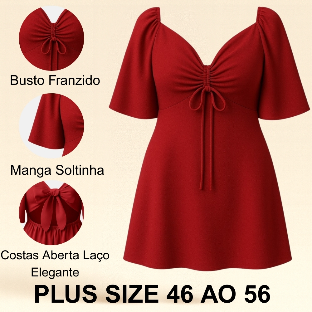 Vestido Curto Plus Size Princesa Soltinho Com Decote Franzido Manga Curta
