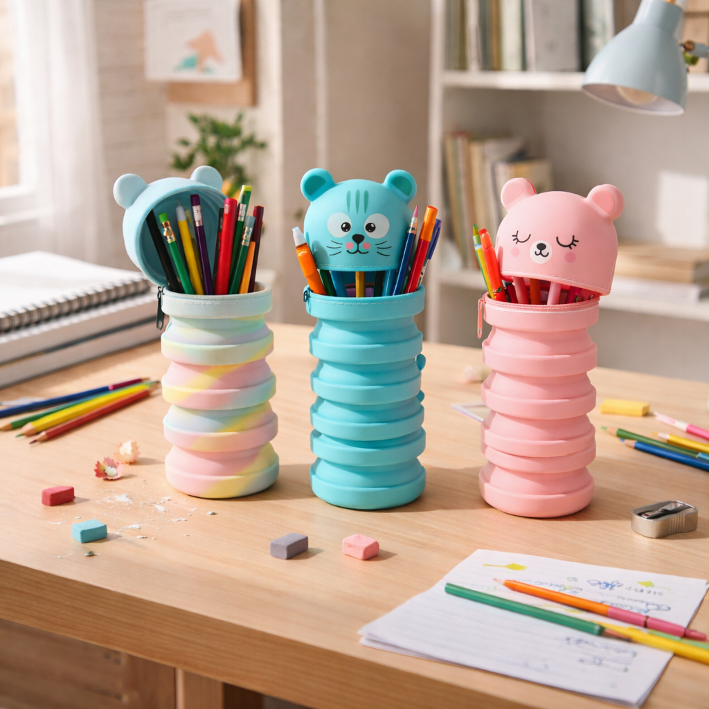 Estojo Silicone Sanfonado Abre e Fecha Porta Treco Escova Material Escolar Necessaire Abre e Fecha