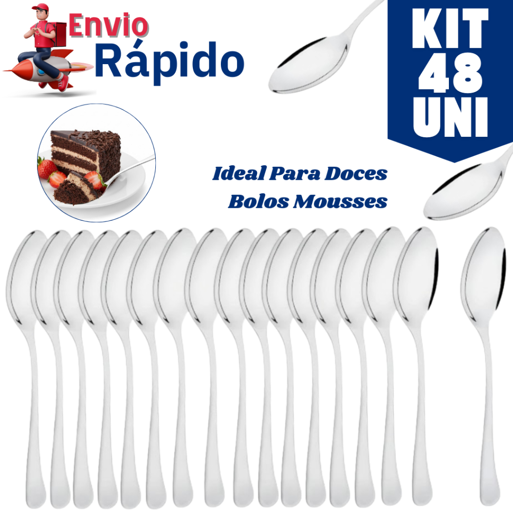 Jogo Colheres Sobremesa com 12/24 ou 48 Unidades Inox Resiste Alta Qualidade Ideal Para Uso em Buffet Restaurantes