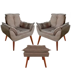 Kit 2 Poltronas Decorativa Opala + 1 Puff Quadrado - Suede Premium Várias Cores Sala Quarto