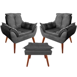 Kit Com 2 Poltronas Decorativas Opala + Puff Quadrado Para Recepção e Escritório Sala