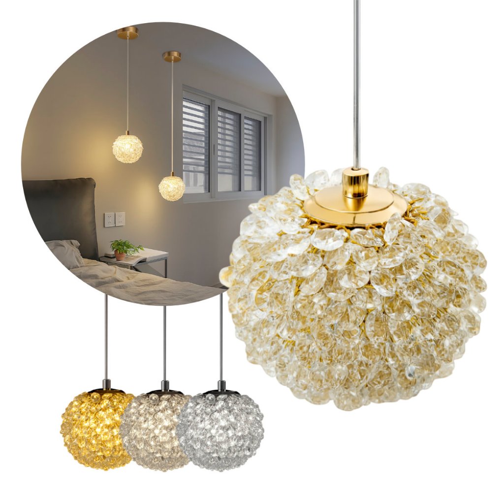 Lustre Pendente LED Globo Cristal Transparente Dourado 7W 3 Cores LUS-610 ST3136