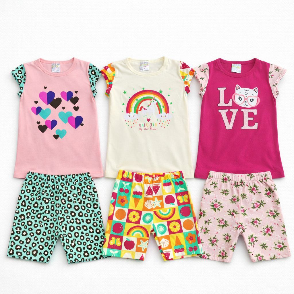 Conjunto Infantil Feminino Verão Manga Chinesa – Blusa + Short Estampados | 2 ao 10 | REF 2424 em Oferta na Shopee