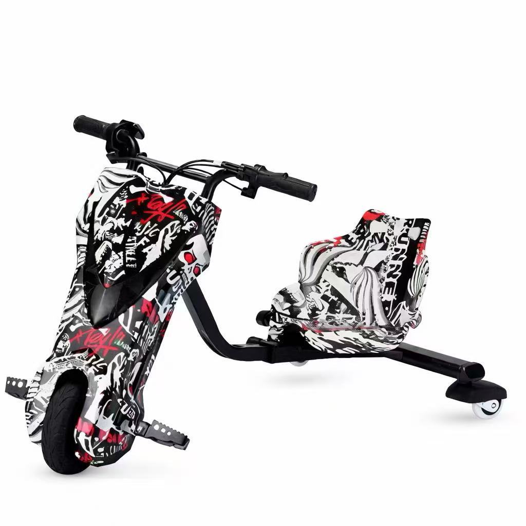 Carro de deriva grande com guiador de freio, guiador contínuo, triciclo elétrico LED Bluetooth, 3 velocidades, Bluetooth