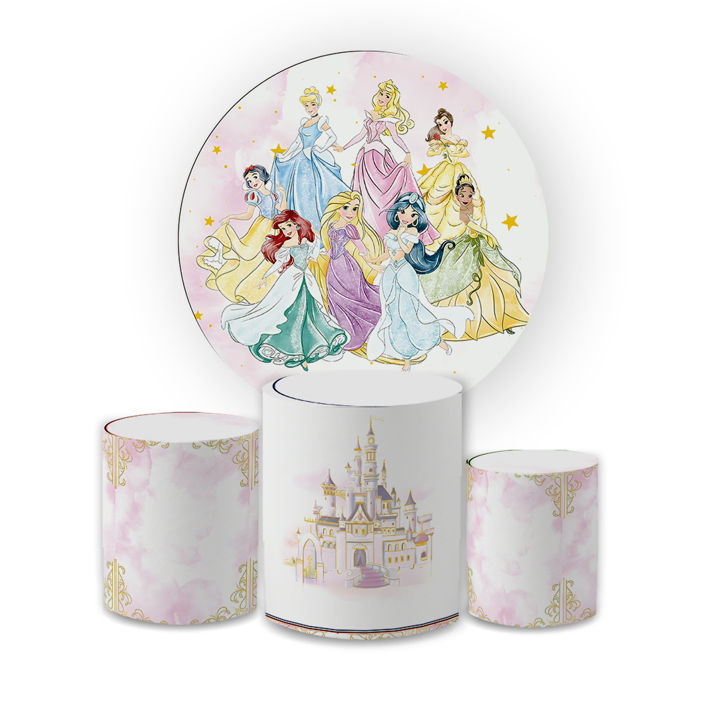 Kit Capa Painel Redondo 1,5 + Cilindros Decoração Princesas Disnei Castelo Encantado Festa Menina