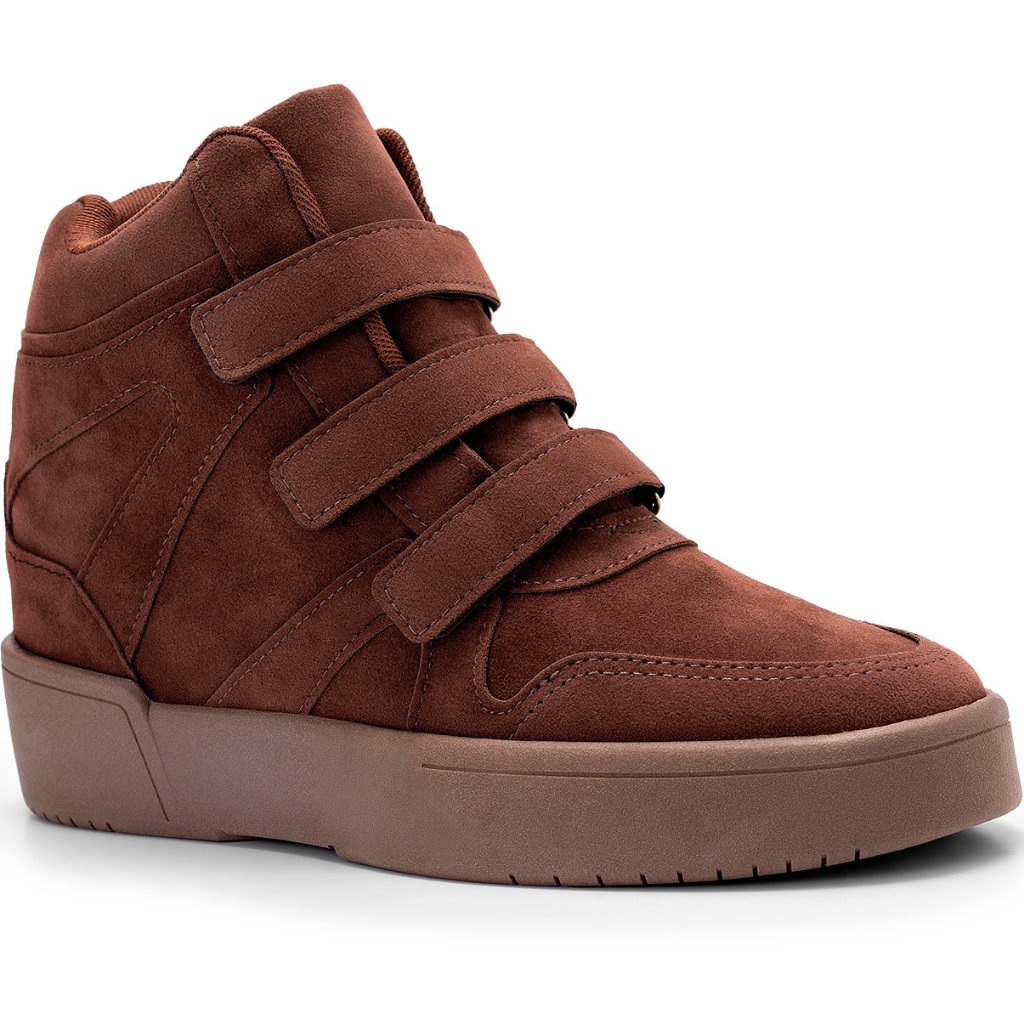 Tênis Feminino Lumiss Sneaker Salto Confortável Velcro Camurça Marrom em Oferta na Shopee