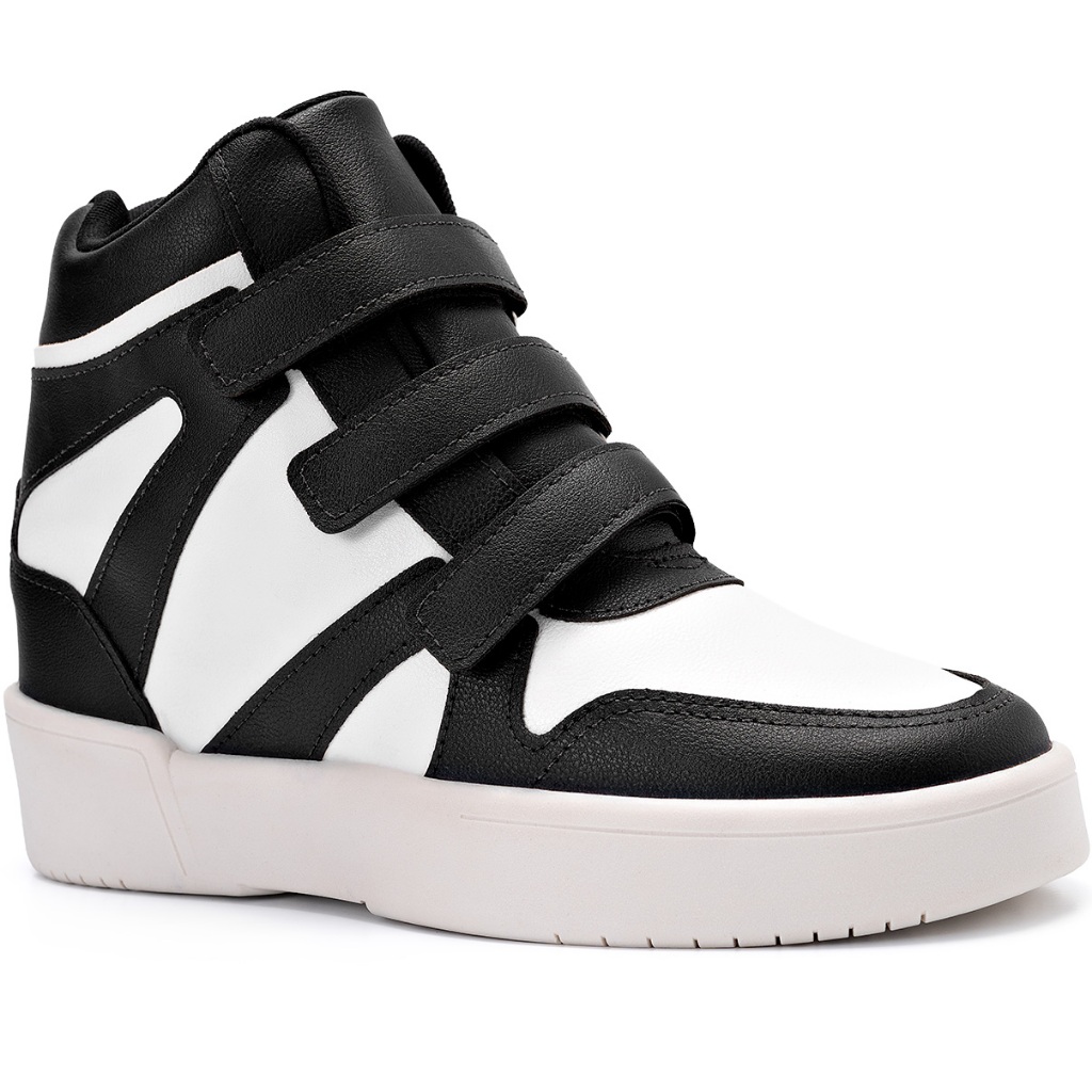 Tênis Feminino Lumiss Sneaker Salto Confortável Velcro Sintético Preto/Branco