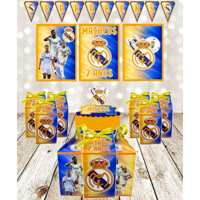 Kit Festa REAL MADRID-FUTEBOL- REAL MADRI-VINI JR| Painel Decorativo + Bandeirolas+CAIXINHAS MILK+topo de bolo