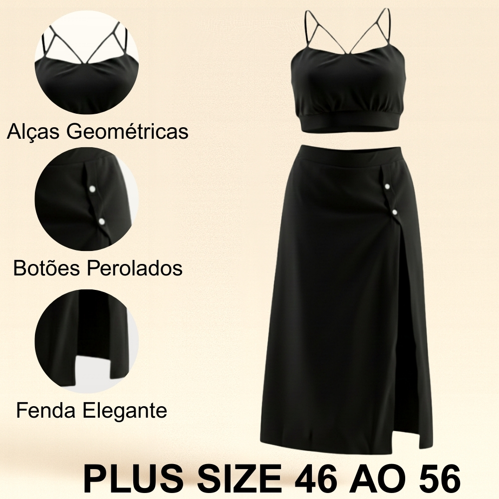 Conjunto Feminino Saia Plus Size Midi Longa Fenda Lateral Cropped Estiloso Moda Gringa 46 ao 56