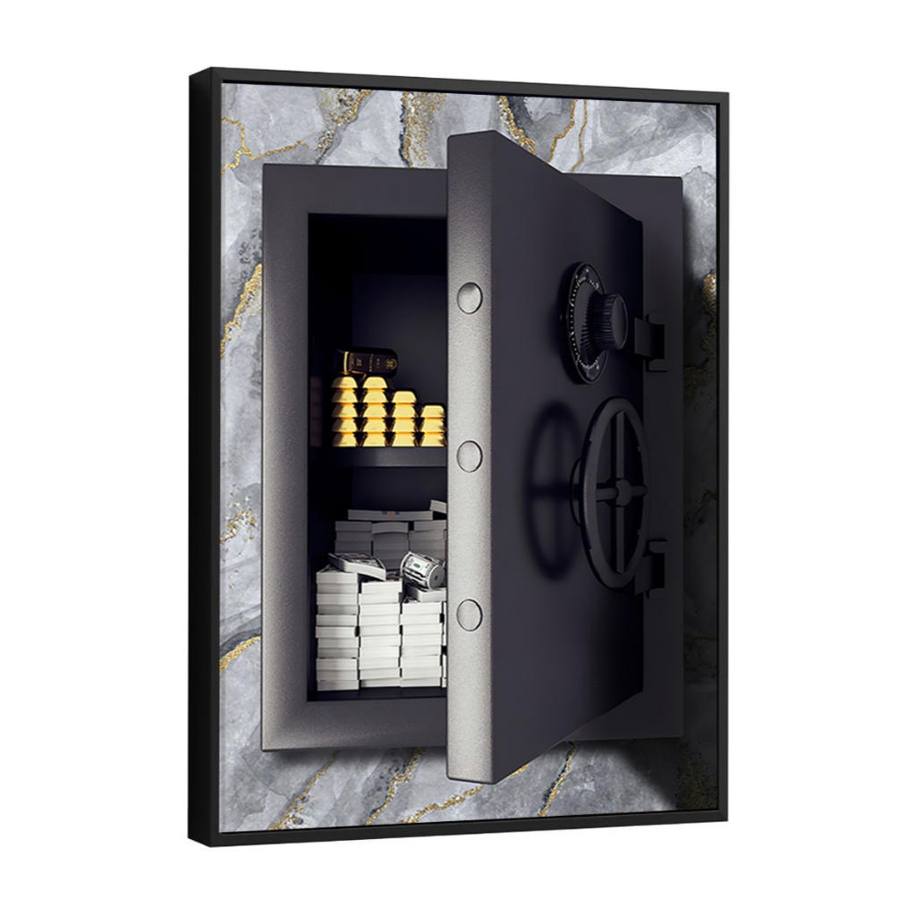 Quadro Decorativo Cofre Dinheiro e Ouro