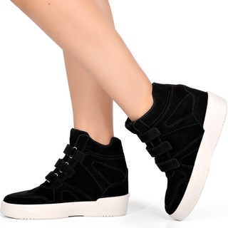 Tênis Feminino Lumiss Sneaker Salto Confortável Velcro Camurça Preto