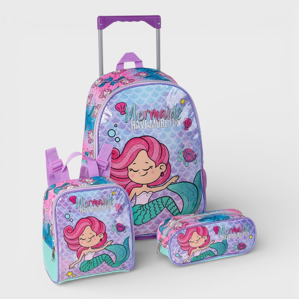 Kit Escolar Mochila Rodinha Escolar Sereia Estojo Lancheira Volta Às Aulas Meninas