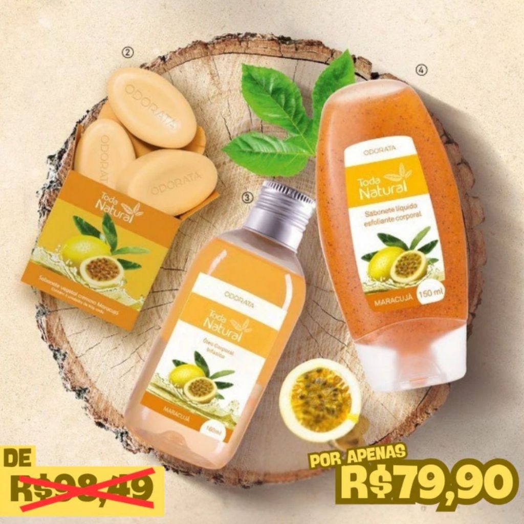Kit Maracujá Toda Natural Oleo Corporal Bifásico, Sabonete Líquido Esfoliante e Sabonete Em Barra