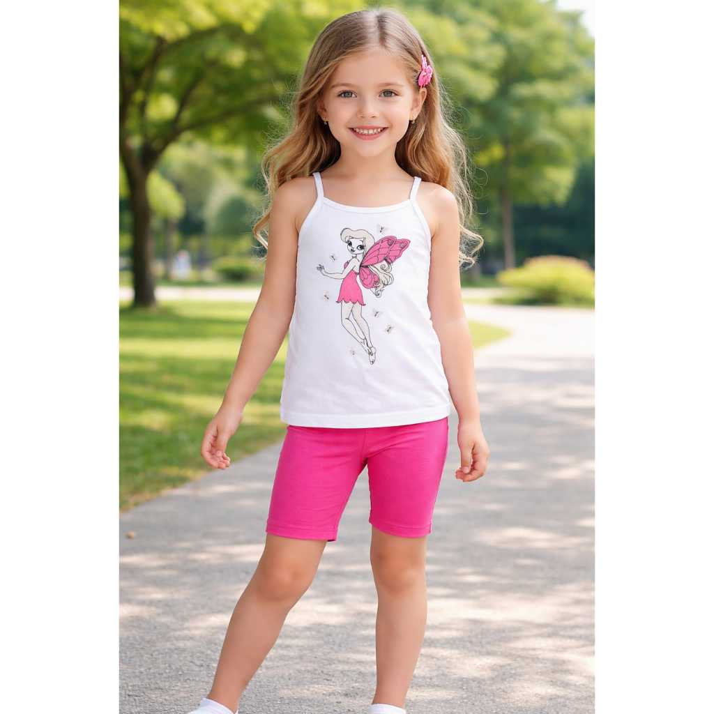 CONJUNTO DE VERÃO MENINA INFANTIL.REGATA DE ALÇAS/BERMUDA CICLISTA DE COTON