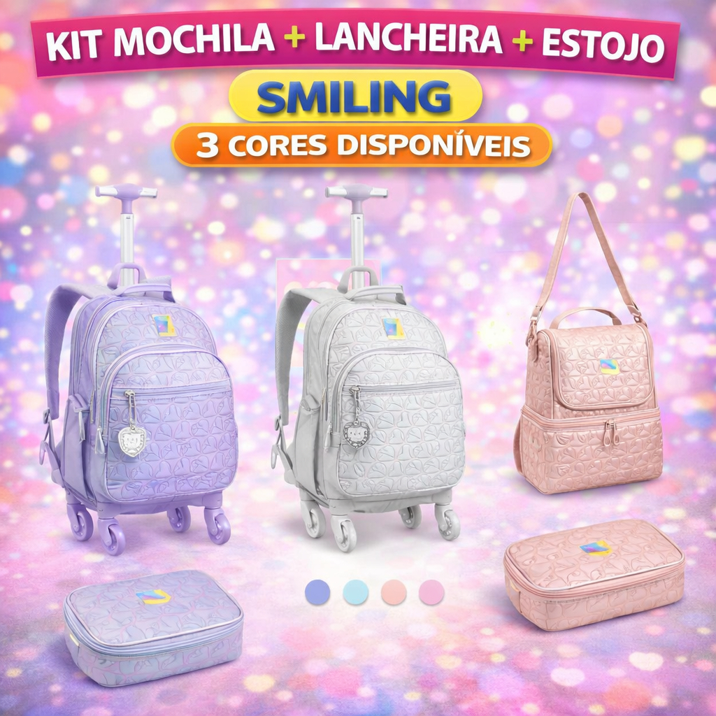 Kit Mochila de Rodinhas + Lancheira Térmica + Estojo Box Just Keep On Smiling DENLEX