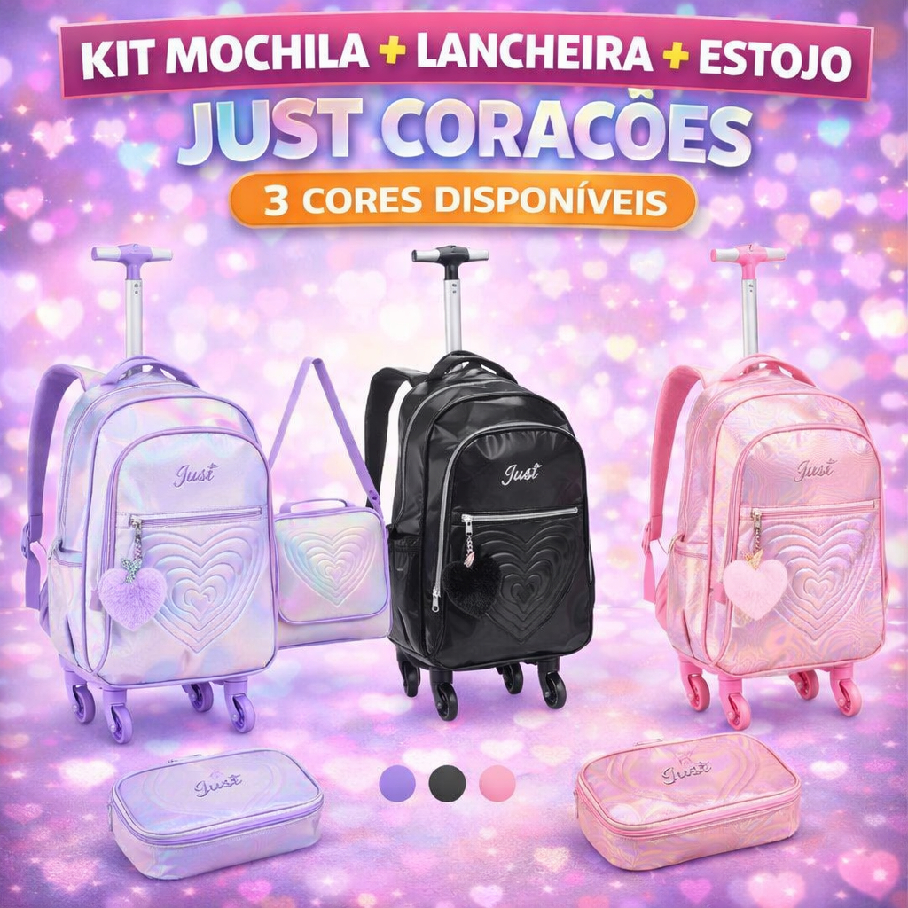 Kit Mochila de Rodinhas + Lancheira + Estojo Love Just Coração DENLEX Alta Qualidade Premium