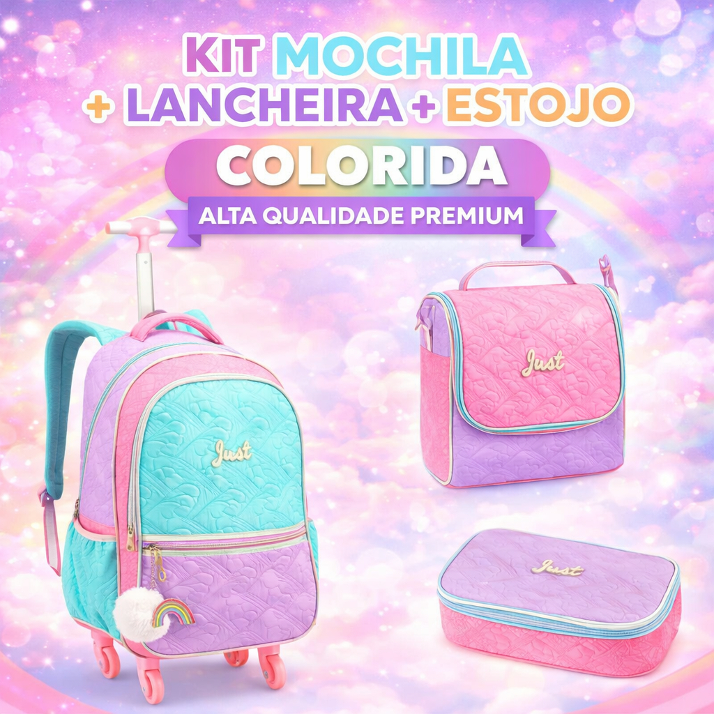 Kit Mochila de Rodinhas + Lancheira Térmica + Estojo Box Love Just Estrelas DENLEX Qualidade Premium