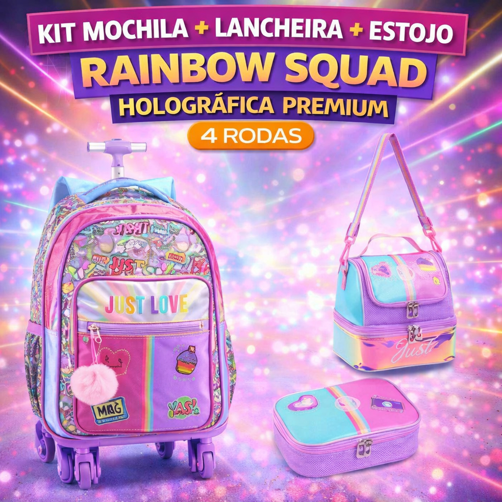 Kit Mochila Rodinhas + Lancheira + Estojo Coração Colorido Denlex Escolar Estampa Colorida Chaveiro Incluso