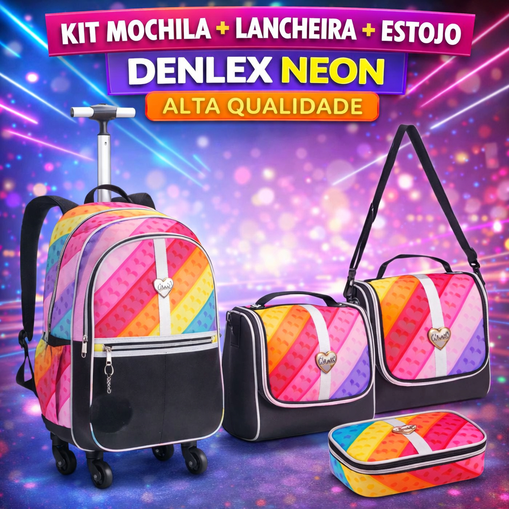 Kit Mochila de Rodinhas + Lancheira Térmica + Estojo Box Just Love DENLEX Neon Completo