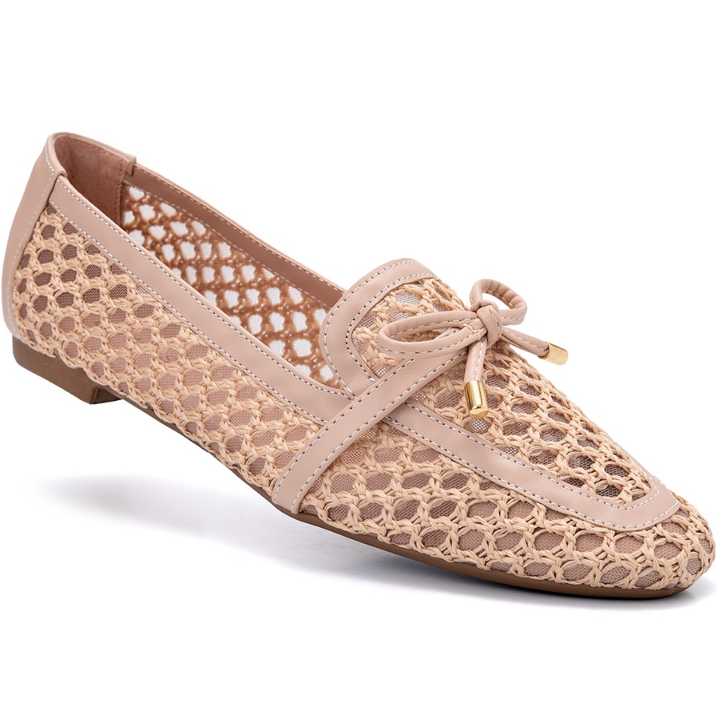 Mocassim Feminino Lumiss Material Natural Tela Trançado Bico Quadrado Confortável Nude em Oferta na Shopee