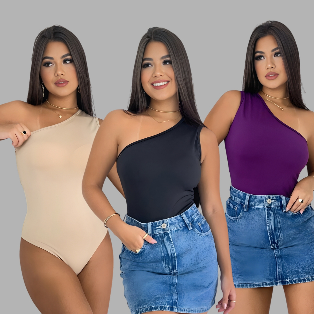 Kit 3 body feminino mula manca um ombro com bojo suplex premium moda verão estilo dia a dia/festa/balada/noite