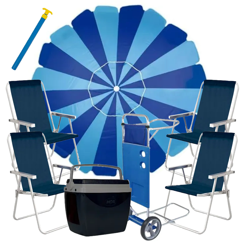 Kit Praia 4 Cadeiras Conforto + Guarda Sol + Saca Areia+ Carrinho+ Coller 18 Lts Mor