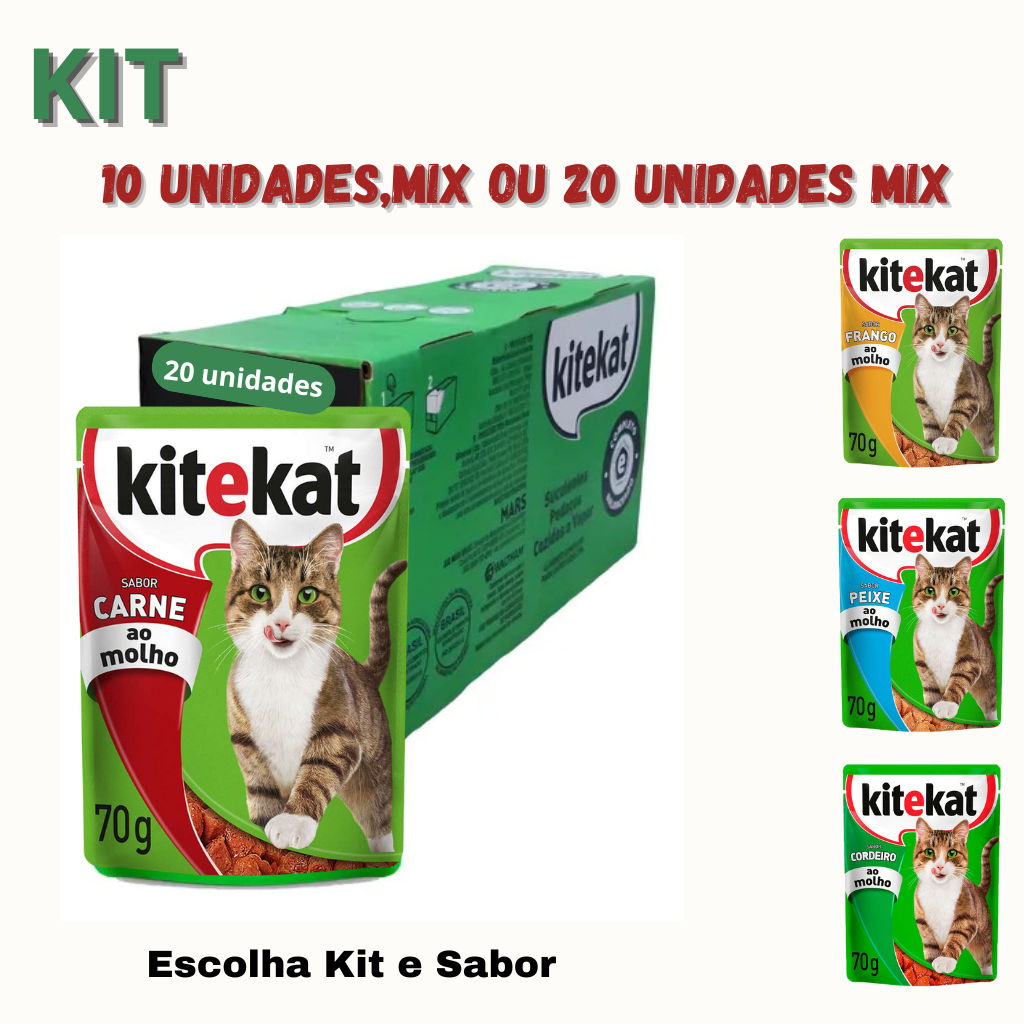 KITEKAT SACHÊ RAÇÃO ÚMIDA PARA GATOS 70G KIT 10 UND OU 20 UND MIX KITEKAT SACHÊ RAÇÃO ÚMIDA PARA GATOS 70G KIT 10 UND OU 20 UND MIX
