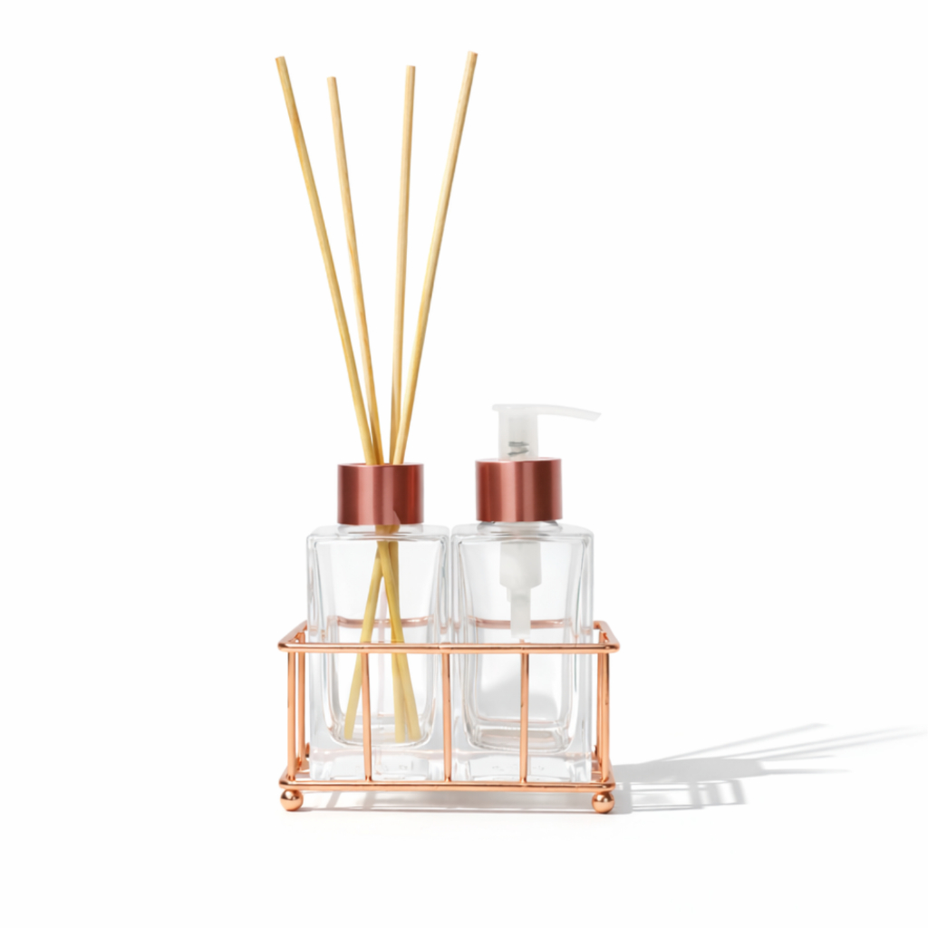Kit Lavabo Luxo Banheiro Vidro Difusor + Saboneteira 120ml com Bandeja Metal
