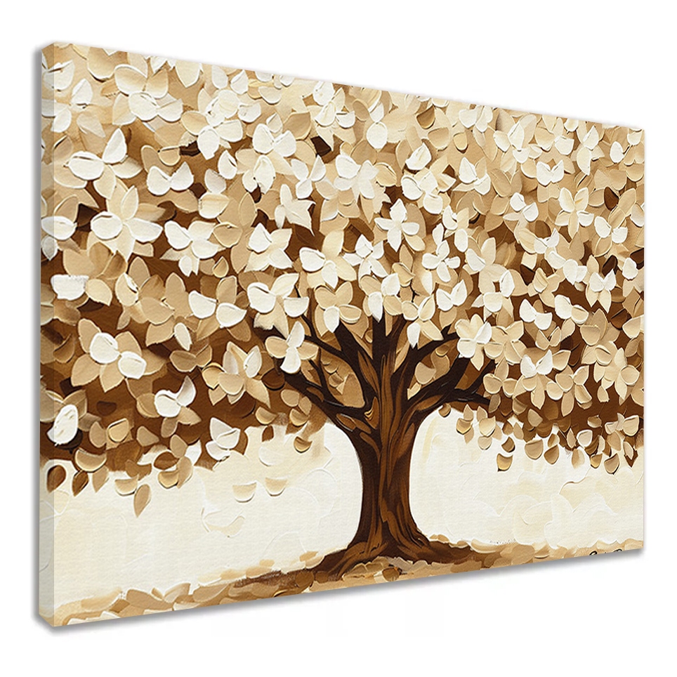 Quadro Decorativo Árvore da Vida Tons Neutros de Bege e Marrom Minimalista para Sala Quarto Tela Canvas