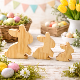 Trio de Coelhos Decorativos em Madeira Pinus Decoração de Páscoa em Oferta na Shopee