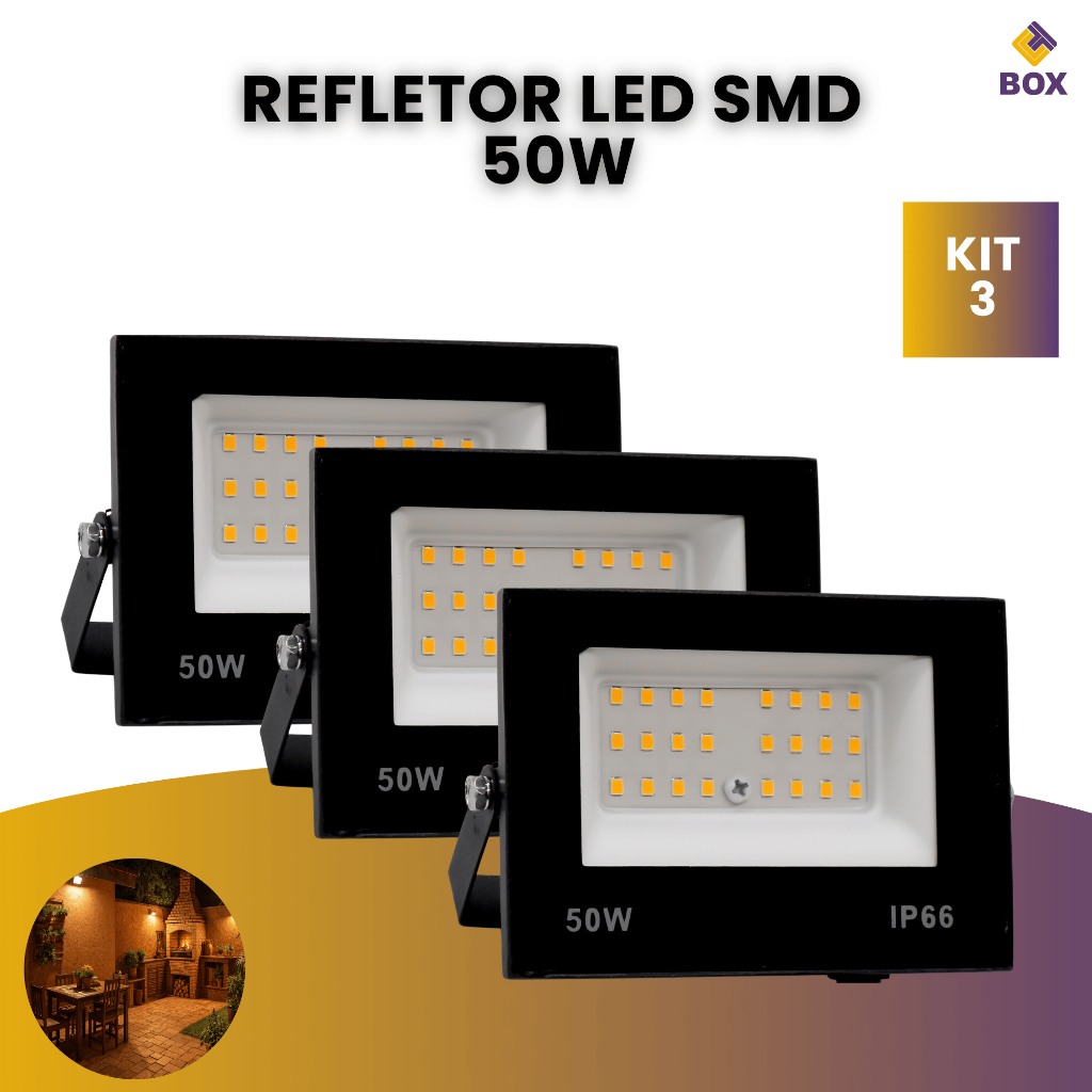 Kit 3 Refletor Led 50w Holofote Bivolt Prova D'água Luz Branco Quente em Oferta na Shopee