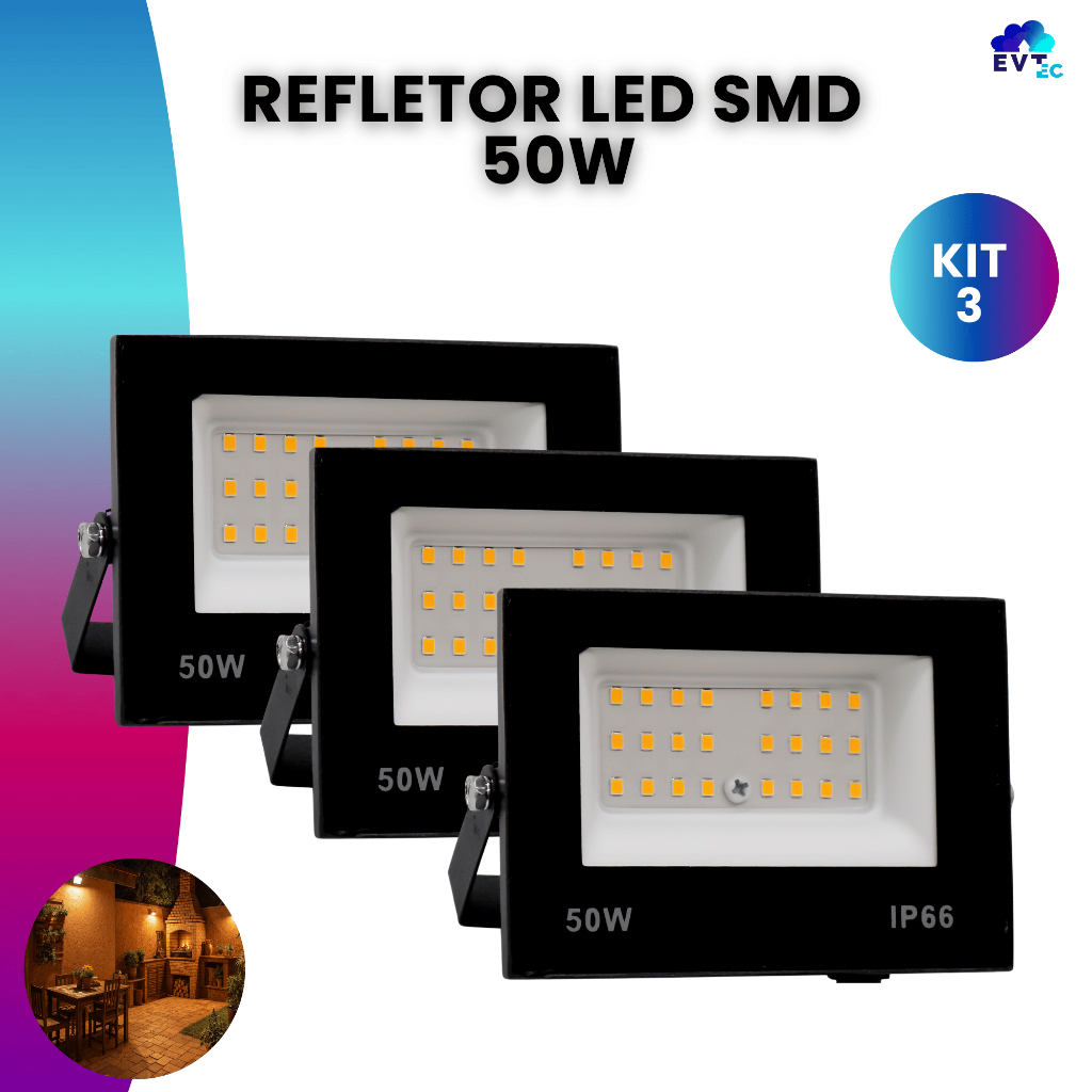 Kit 3 Refletor Led 50w Holofote Bivolt Prova D'água Luz Branco Quente 3000k em Oferta na Shopee