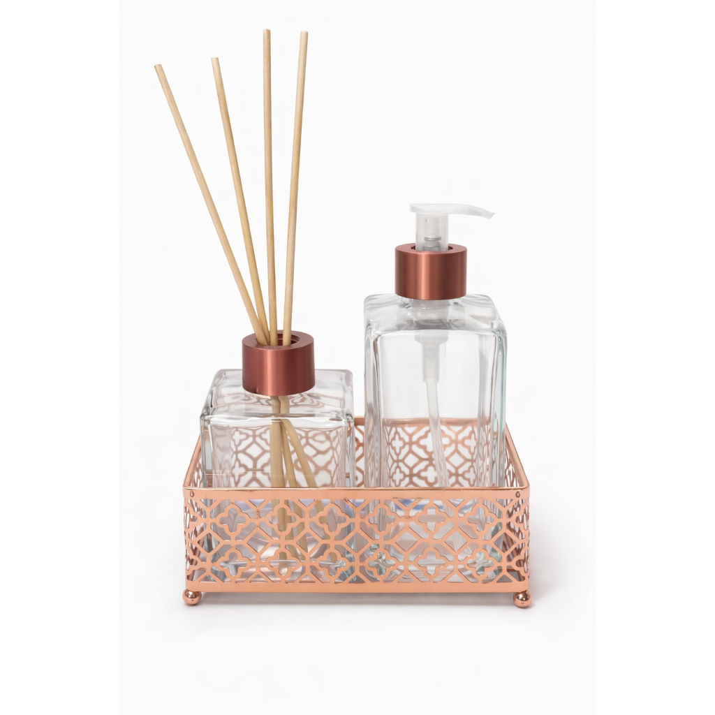 Kit Lavabo Luxo Rose Difusor Aromatizador 250ml + Saboneteira Vidro + Bandeja Metal Presente Decoração
